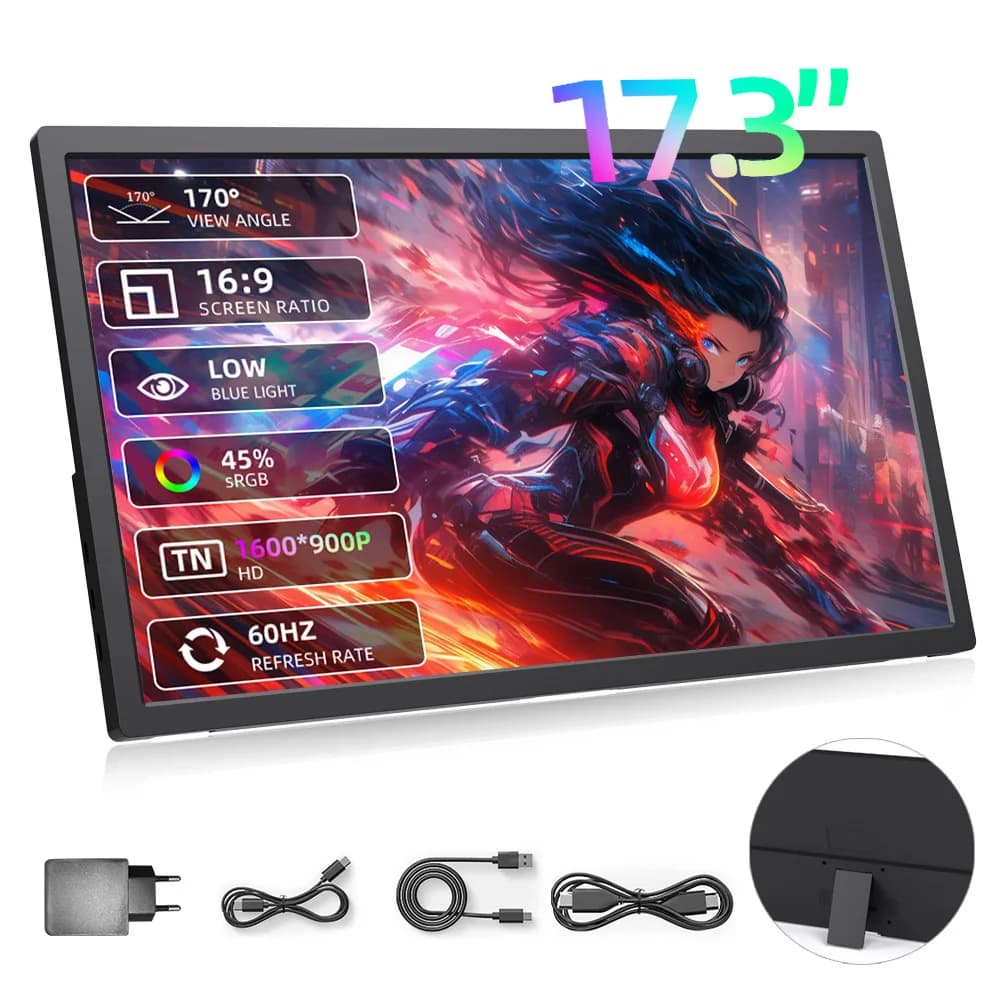 Monitor Portatile da 17,3 Pollici, Accessorio per Gaming Compatibile con Notebook, Laptop, PC, Nintendo Switch, PS4, Xbox Series S, Steam Deck