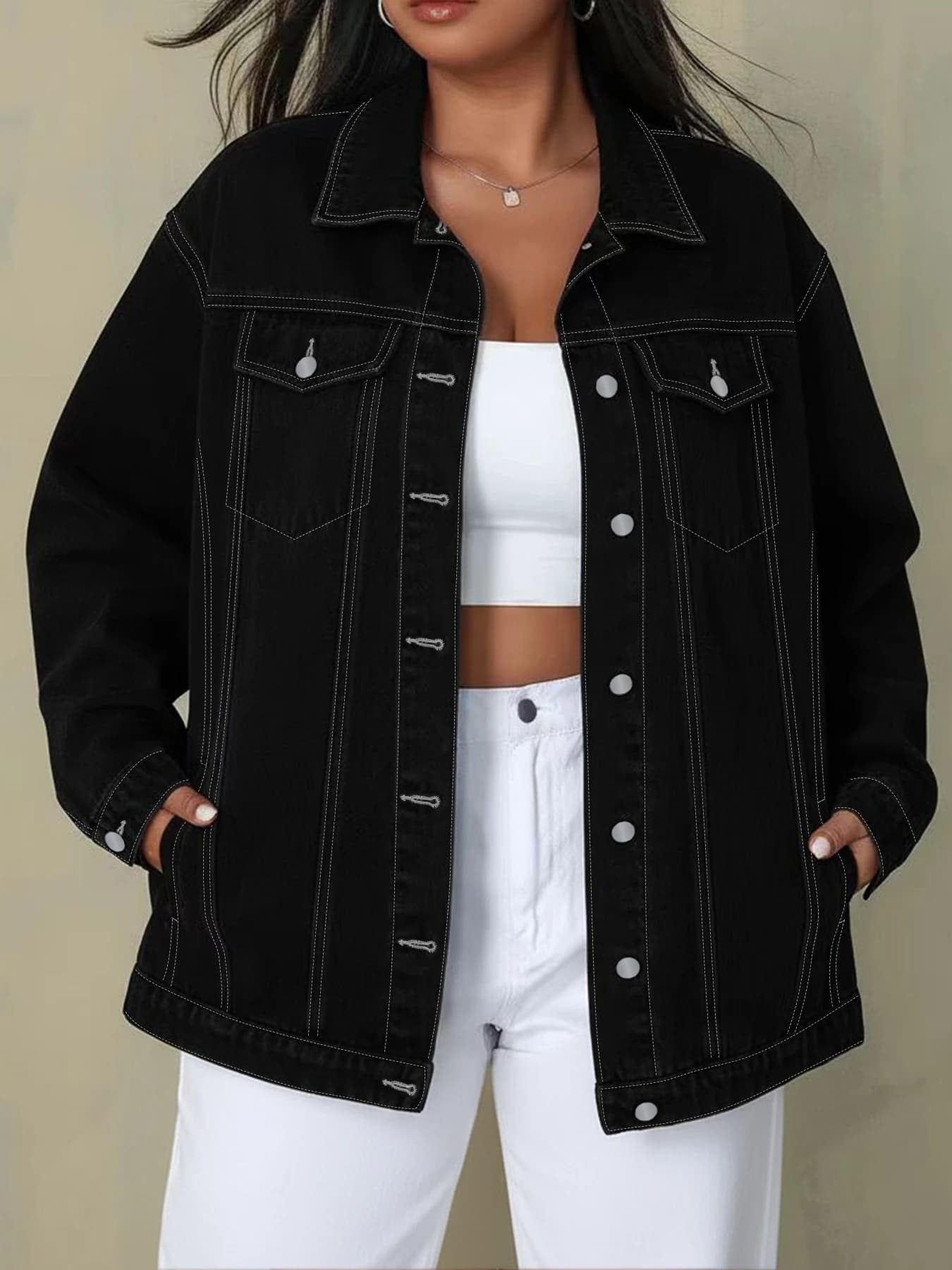 Women's Oversize Black Denim Jacket Plus Size, Jeans Coat with Long Sleeves with Bottoni and Risvolto, with Contrast stitching
