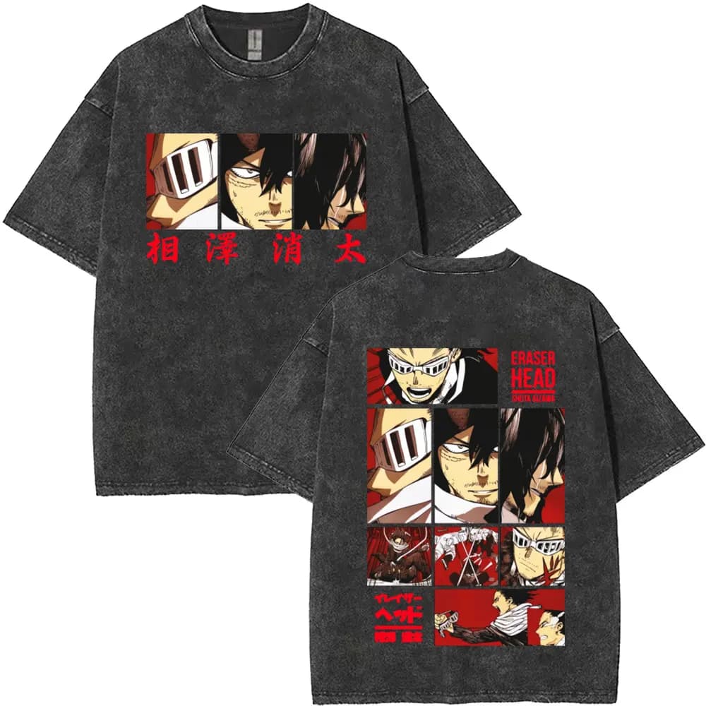 T-shirt Vintage Lavata Anime My Hero Academia Eraser Head Aizawa Shouta, T-shirt da Uomo in Cotone Casual Oversize