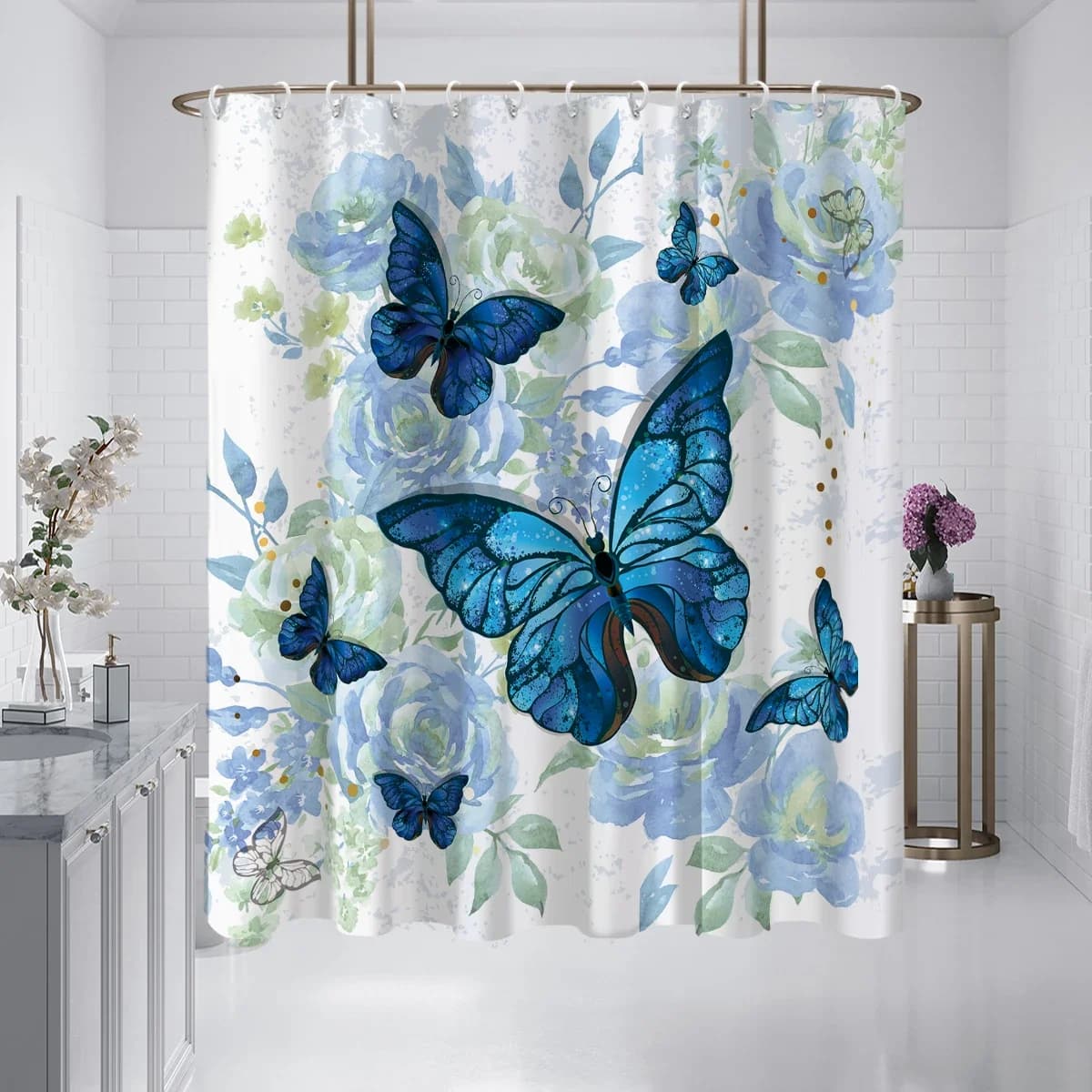 1 pezzo di divisorio per tenda da doccia stampata con fiori di farfalla blu 180x180 cm, bagno impermeabile e resistente alle muffe