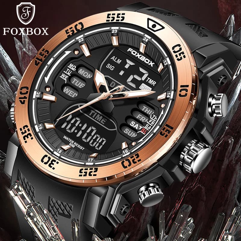 FOXBOX New LED Backlight Alarm Chronograph Wrist Watches For Men Fashion Business Digital Men Watch Diver Luminous Watch Clock