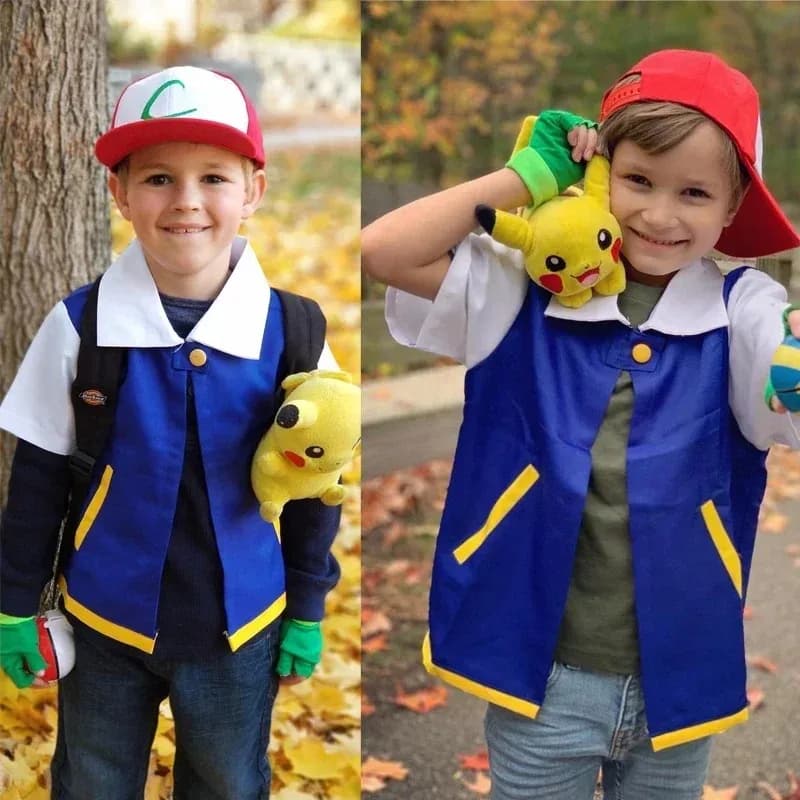 Costume di Halloween per Cosplay Anime, Set Giacca Blu, Cappello e Guanti da Allenatore di Ash Ketchum, Outfit per Feste a Tema e Giochi di Ruolo