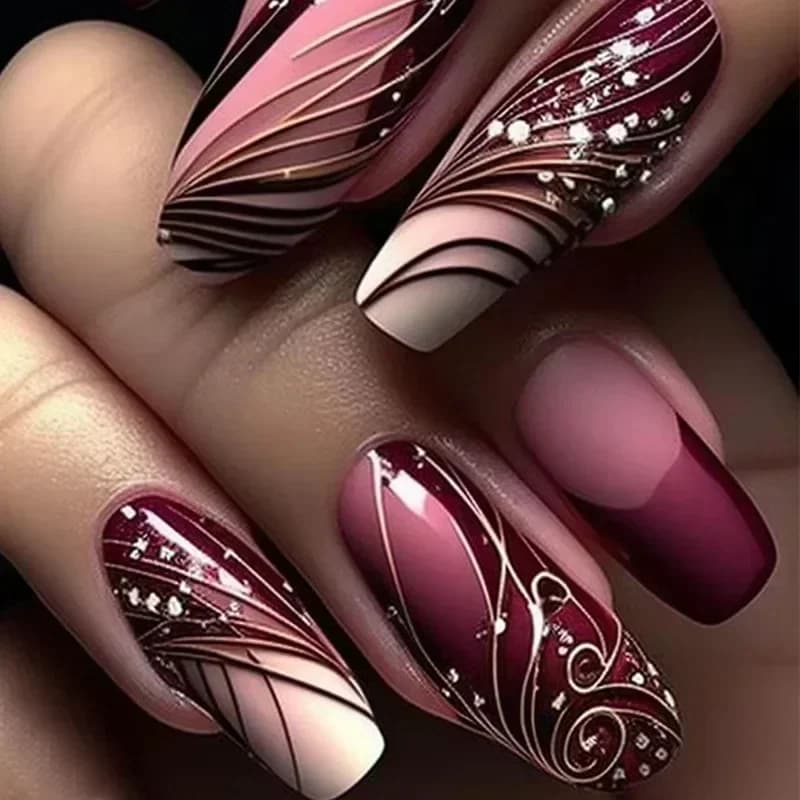 24 pezzi di unghie finte per balletto a forma di scala con colla a strisce floreali per nail art Ombre stampa francese su punte per unghie acriliche per Spice Girls