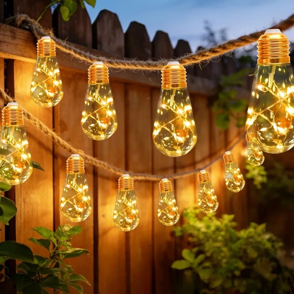Catena Luminosa Solare da Esterno 10/20 LED, Luci Impermeabili a Corda di Canapa Retrò per Campeggio, Cortile, Recinzione, Giardino