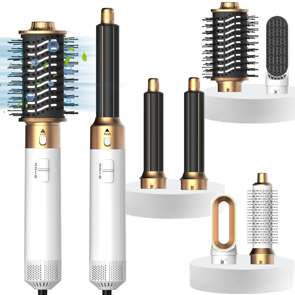 Multifunctional hair plate 6 in 1, hair dryer, curler, ion plate with hot air brush with detachable head