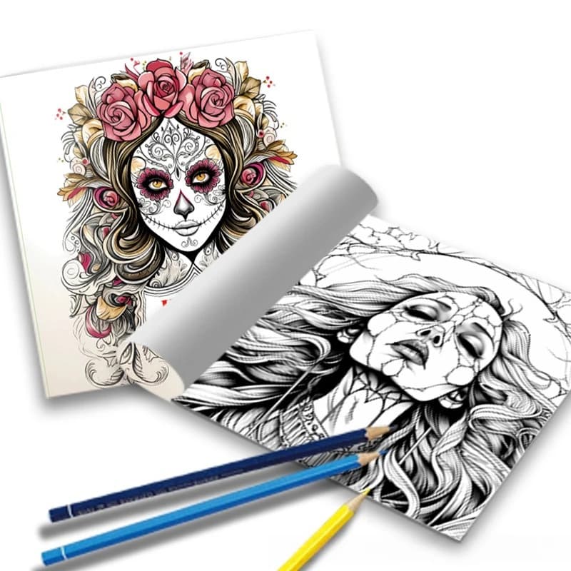 Gothic Horror Fantasies Coloring Book Day Of The Dead Tattoo Woman Pink Rose Intricate Floral Skull Dark Grunge Sketch Notebook