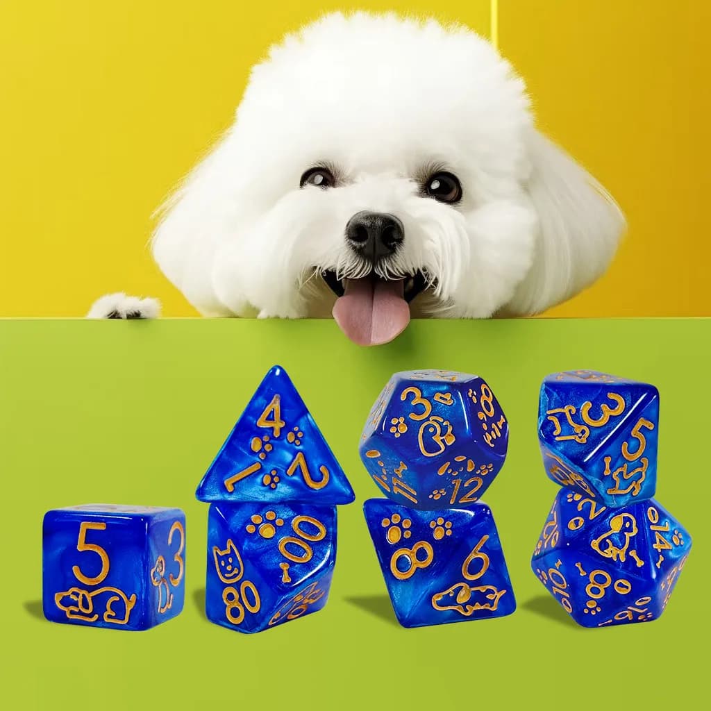 Sapphire Pearl Acrylic Dice Set,7Pcs Polyhedral DND RPG Dice with Gold Puppy Paw & Bone Carving for Dungeons & Dragons,TRPG