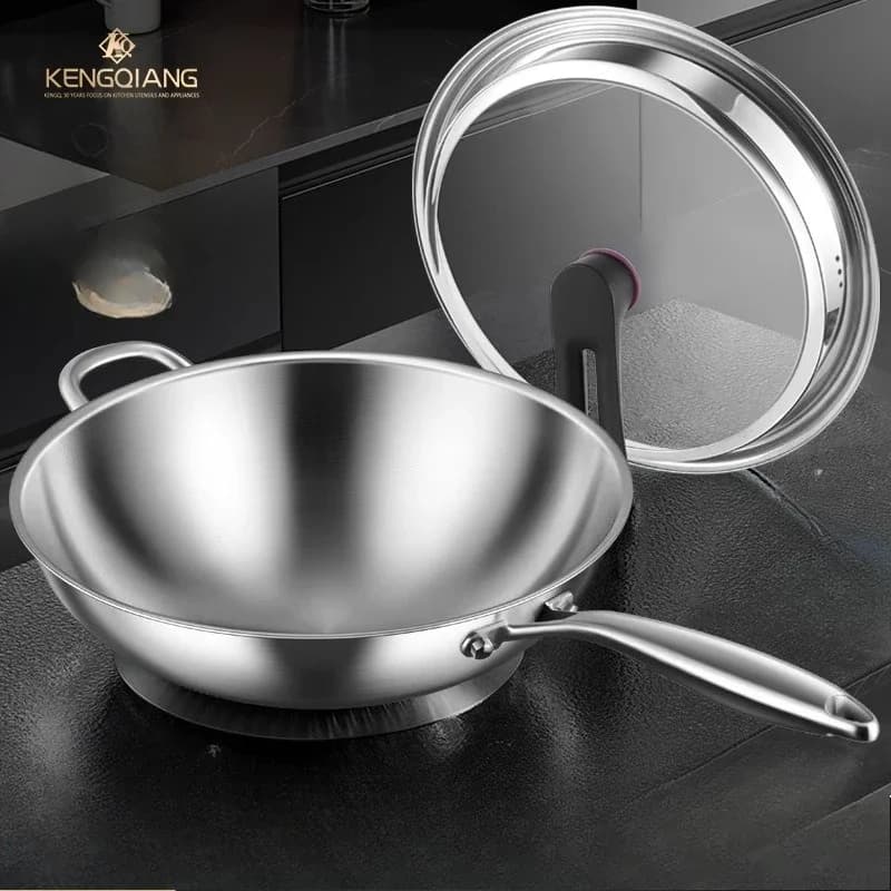 KENGQIANG 316 Stainless Steel Frying Pan Household Food Grade Uncoated Non Stick Gas Induction Cooker Special Wok