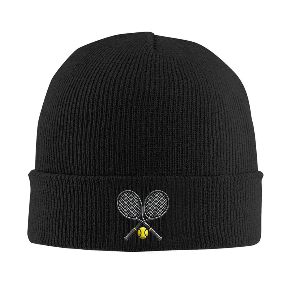 Crossed Tennis Rackets and Ball Print Soft Knit Beanie Hat for All Seasons Warm Winter Cap