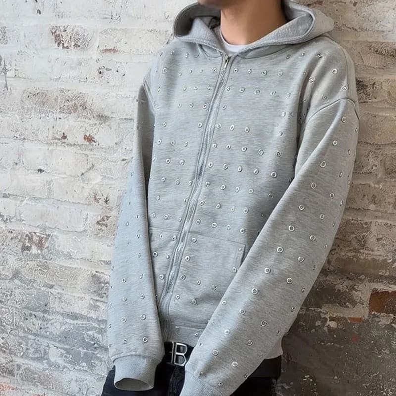 Giacca con Cerniera e Rivetti Creativi, Maniche Lunghe, Stile Vintage Semplice Punk, Felpa con Cappuccio Larga, Moda Hip Hop Casual, Streetwear Autunno Inverno