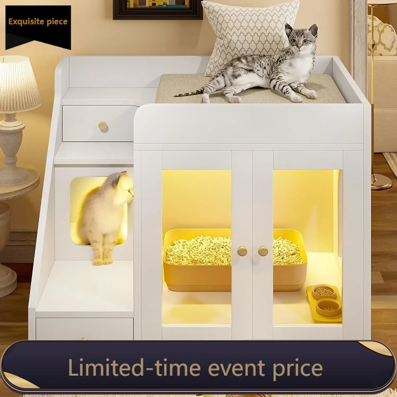 White Cat Litter Box Enclosure Furniture Light Hideaway Litter Box Furniture Two Storage Drawers Living Room