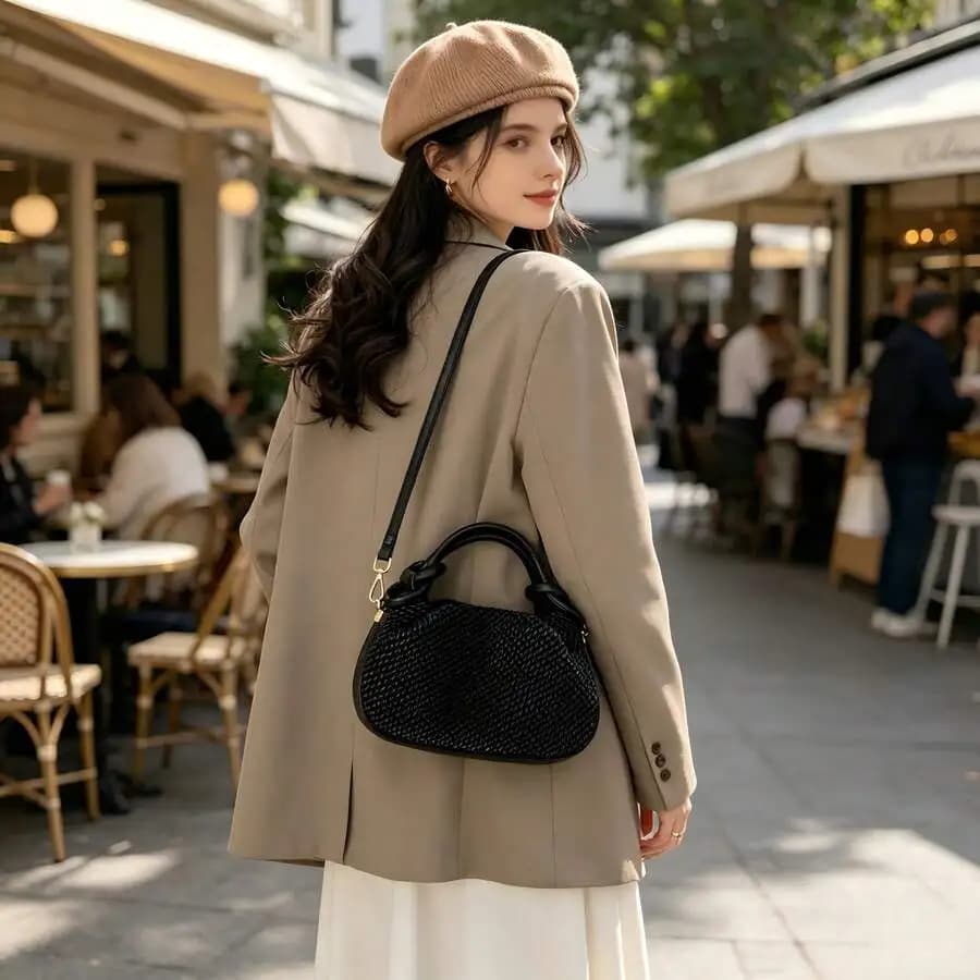 Vintage Woven Texture PU Leather Crescent Moon Handbag For Women