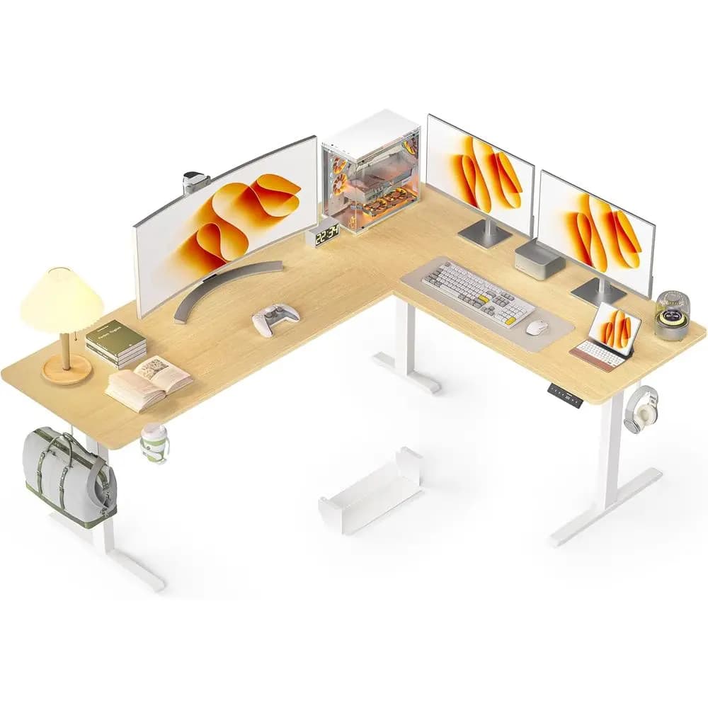 Scrivania Ergonomica a L in Quercia Regolabile in Altezza con Portabicchieri, Postazione di Lavoro Elettrica Sit-Stand per Ufficio Domestico o Gaming
