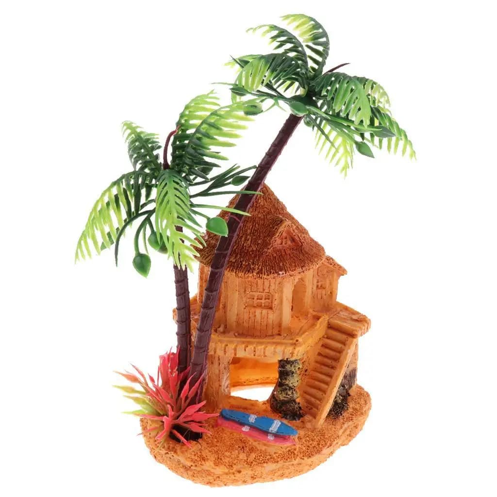 Decorazione del paesaggio dell'acquario della grotta della cabana nascosta dell'albero di cocco artificiale