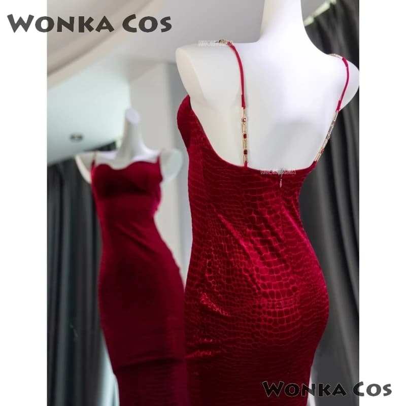 Vintage Sexy Club Prom Red Dresses for Women Spaghetti Strap Slit Velvet Dress Beach Bandage Bodycon Midi Dress Party Elegant