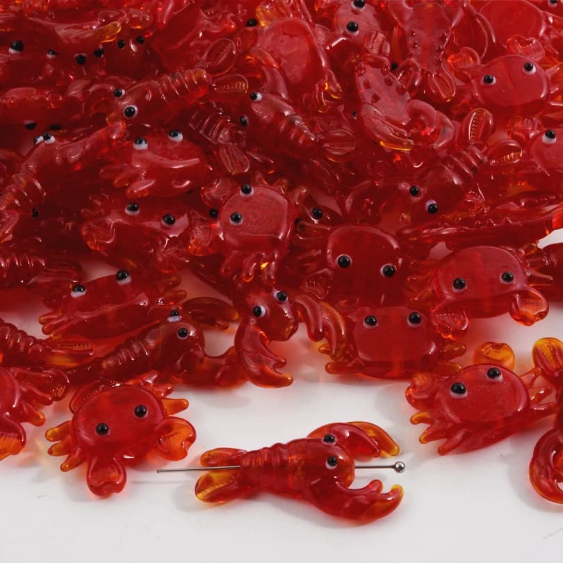 6pcs Red Glass Material Cartoon Cute Crabs Shrimp Marine Animal Loose Beads For DIY Craft Jewelry Necklace Bracelet Accessories