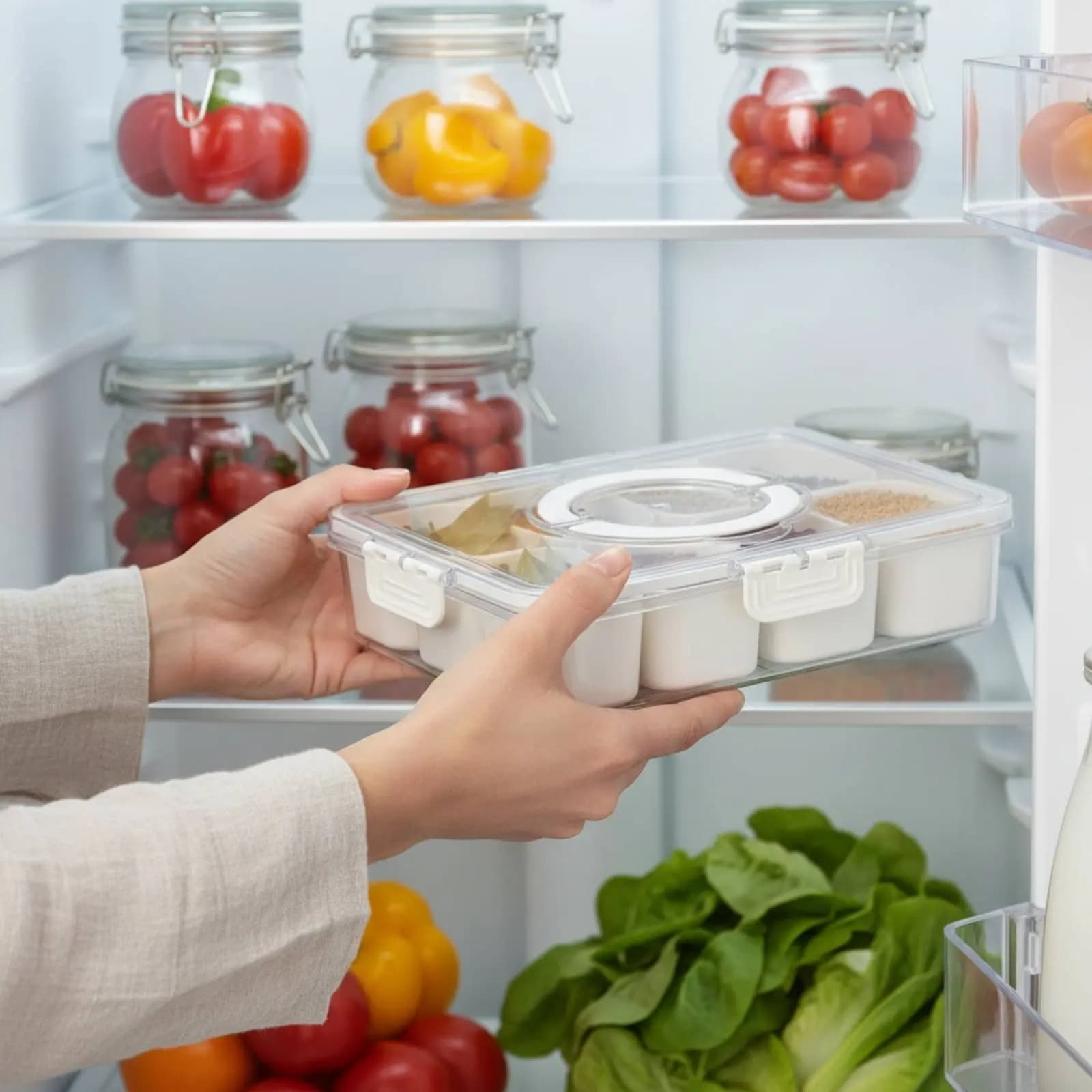 Contenitore per Frigorifero con Design di Drenaggio, Scatola per Alimenti con Divisori, Contenitore per Alimenti a Scomparti, Anti-perdita