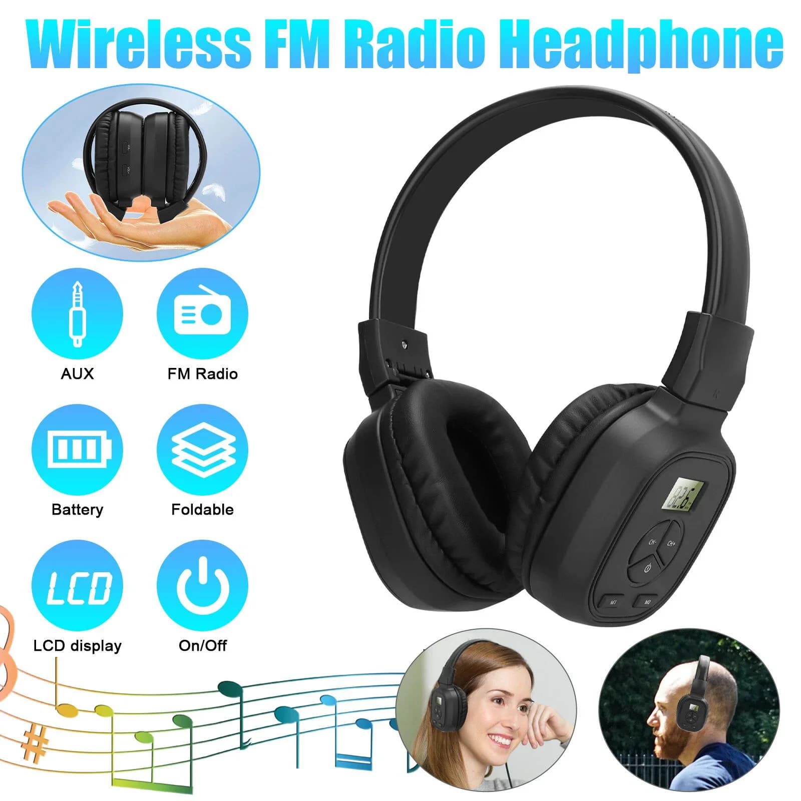 Cuffie Radio FM Portatili con Scansione Automatica e 2 Preset, Supporto AUX 50-108MHz, Ideali per Jogging all'Aperto, Casa e Viaggi