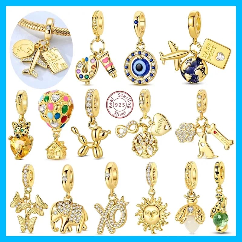 Golden Charms 925 Silver Plated Zircon Dog Butterfly Hot Air Balloon Beads Pendant Fit DIY Bracelet Keychian Jewelry Fine Gift