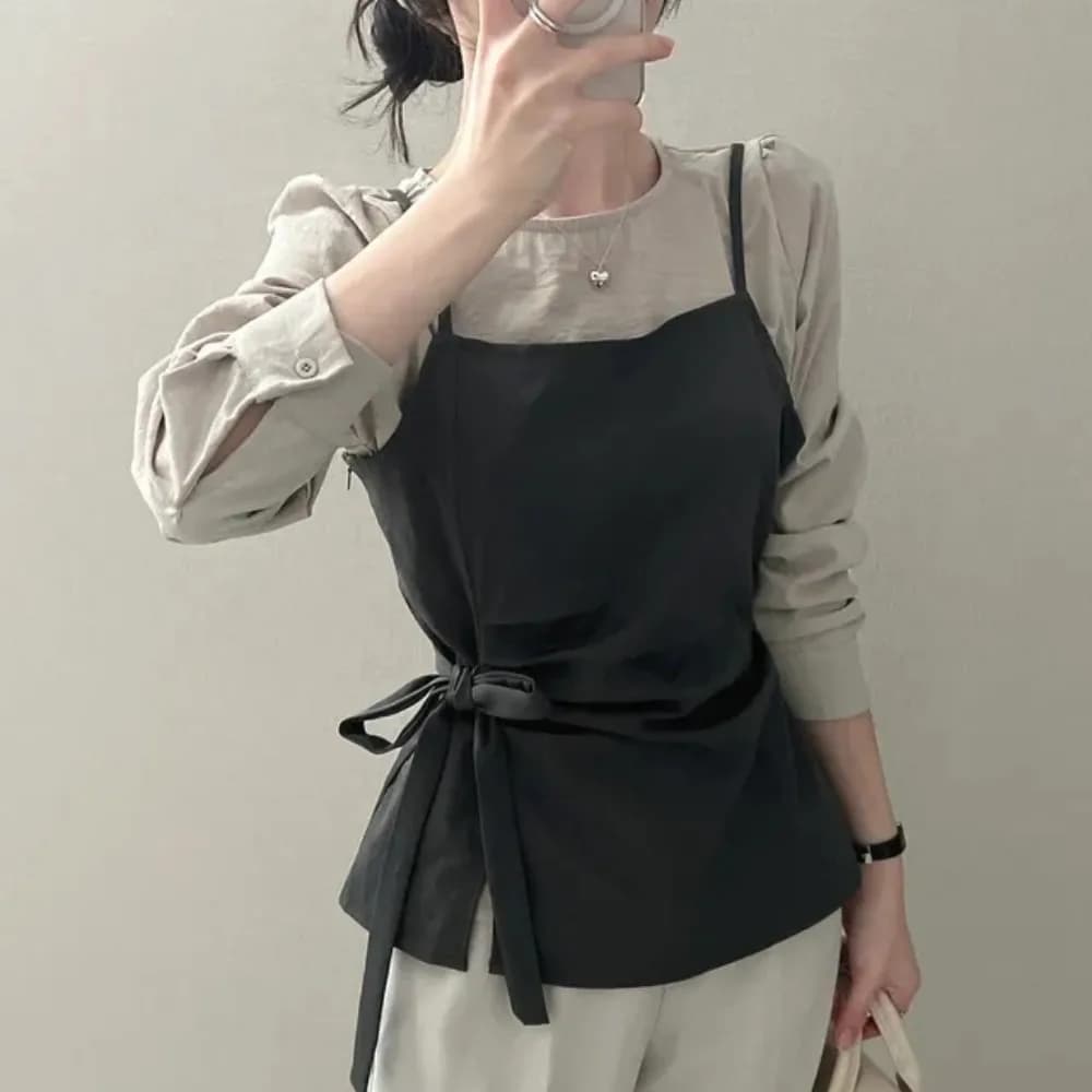 Women's Long Sleeve Shirt Korean Style, Top with Node, Breathable and Comfortable Fabric, Set Two Pieces