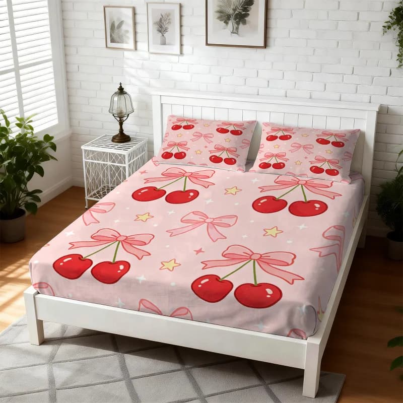 Set di Lenzuola Elastiche con Fiocco a Ciliegia, Senza Imbottiture, Morbido Set di Lenzuola Elastiche, Set di Biancheria da Letto Kawaii Rosa per Camerette di Ragazze