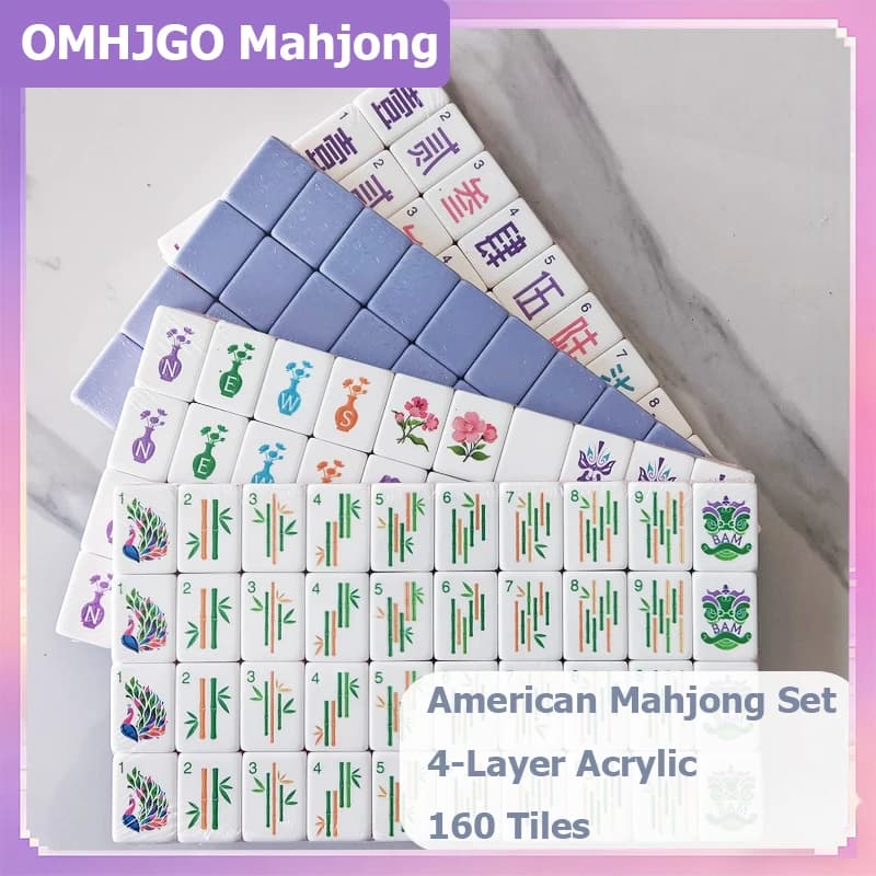 OMHJGO Custom Engraved Taro Purple American Mahjong Game Tiles Four Layer Acrylic Mahjong Set Board Games Travel Mah Jongg Sets