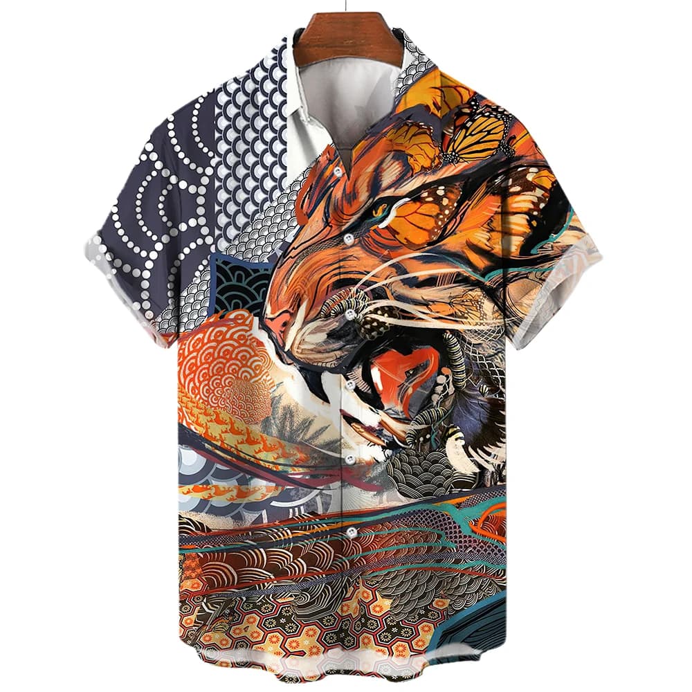 Camicia da uomo con stampa animalier Anime Tiger elementi cinesi camicie e camicetta da uomo camicie Casual larghe oversize 2023 abbigliamento estivo