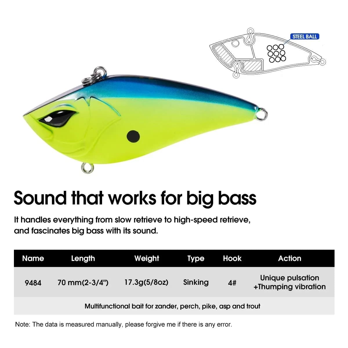 Noeby 4 pezzi Lipless Crankbait Vibe Lure 70mm 17.5g Wobblers Esche artificiali affondanti per la pesca di Bass, Luccio, Carpa, Persico