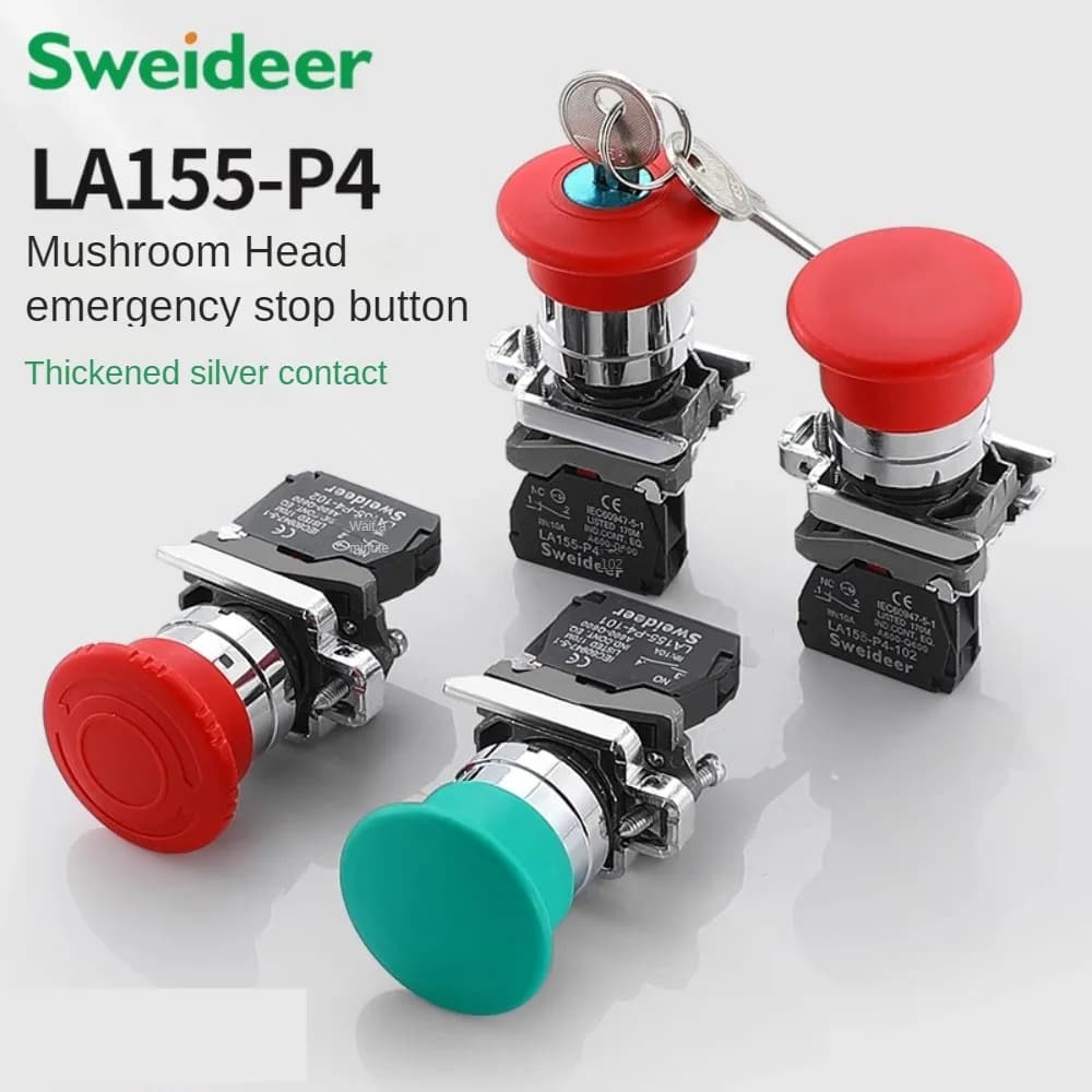 Pulsante di arresto di emergenza a fungo XB4 da 22mm, interruttore a pulsante di arresto di emergenza con chiave 10A, 1NC 1NO, rosso verde