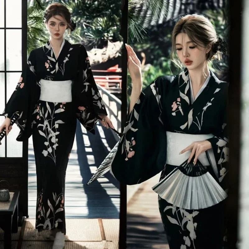 Abito Nero da Donna in Stile Vintage, Kimono Tradizionale Giapponese, Yukata Nera, Vestito per Cosplay e Fotografia