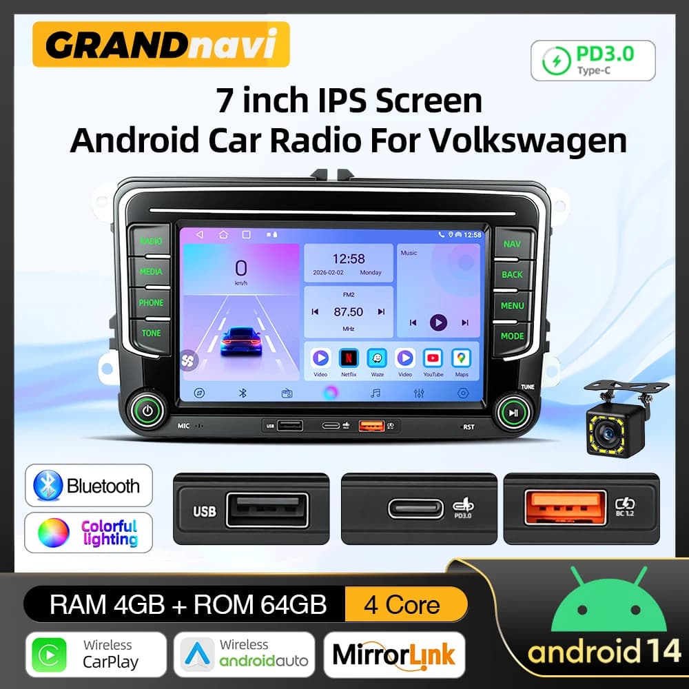 Autoradio Android 14 from 7 Poles with Carplay for VW Volkswagen Jetta Passat Golf Polo, Stereo Auto with GPS, Wifi, FM, RDS, EQ, Double USB, Reload PD3.0