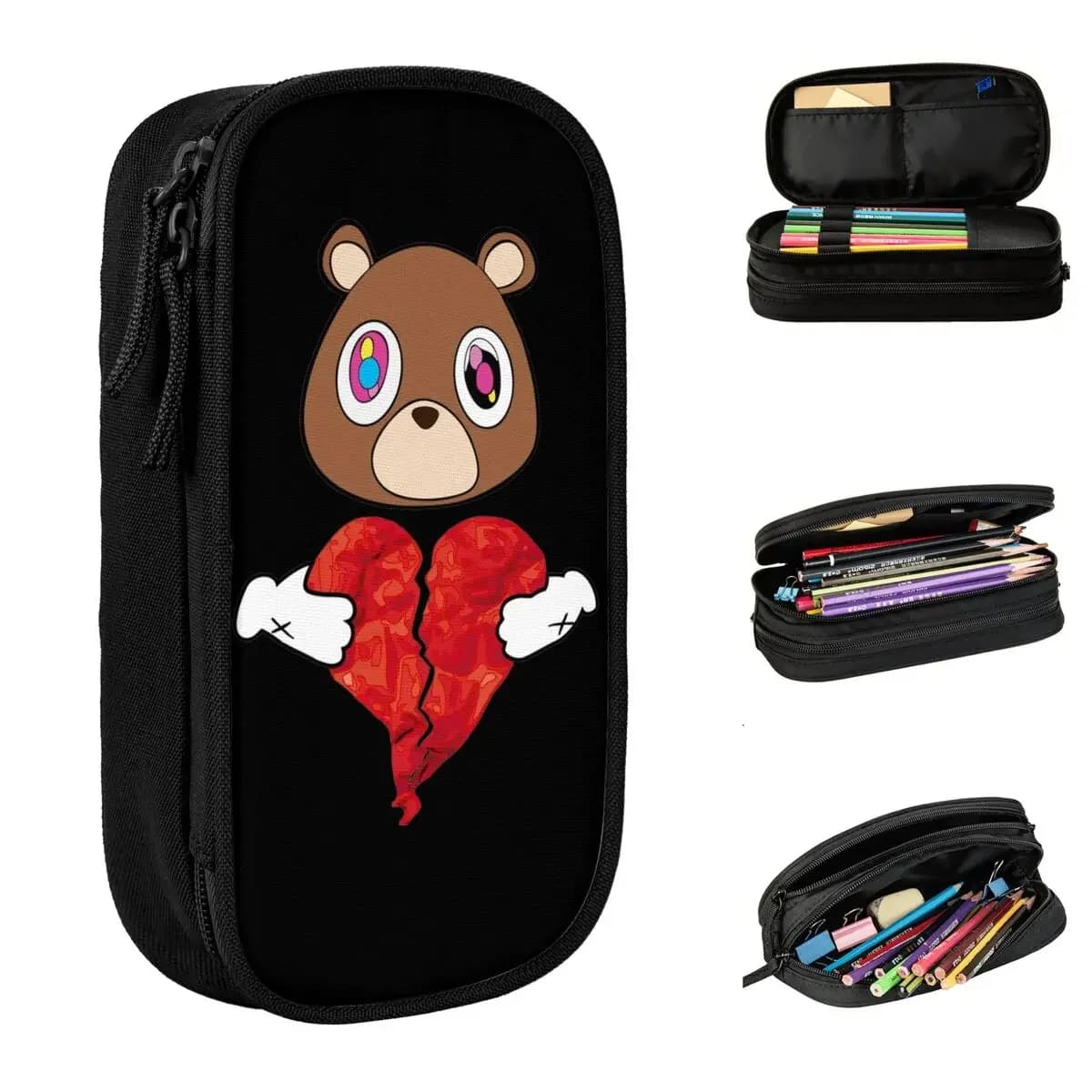 Astuccio per matite con orso di laurea di Kanye West anni '80, doppio strato, materiale scolastico per bambini di grande capacità, astuccio regalo