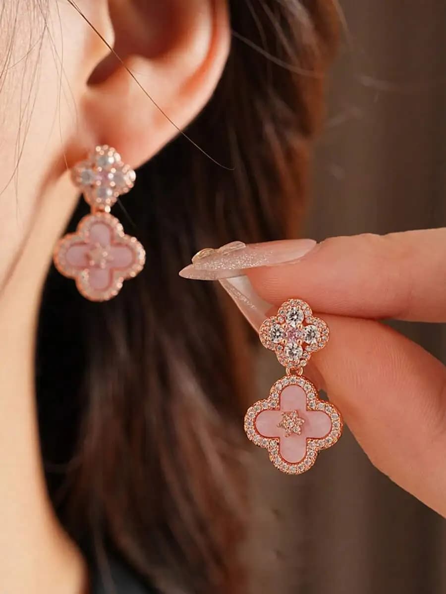 2pcs Pink Mother-Of-Pearl Flower Dangle Earrings For Women Fashion Elegant Jewelry