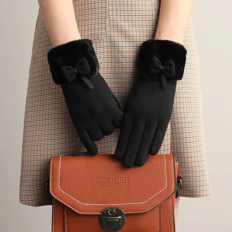 Women winter plush gloves often with cute bow, fashionable warm gloves with whole fingers, touch screen, outdoor sports cycling gloves