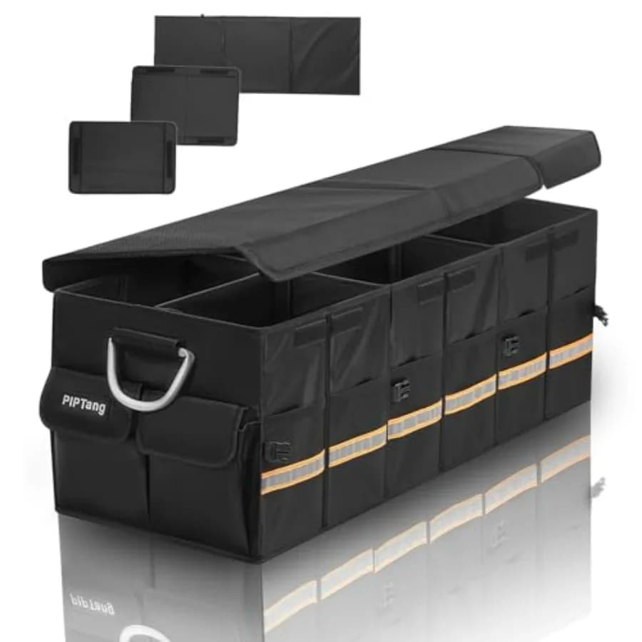 Organizer per Bagagliaio con Coperchio 90cm XL 100L, Organizzatore Pieghevole per Auto, Piccolo Organizer per Auto con Manico in Alluminio, Accessorio Auto