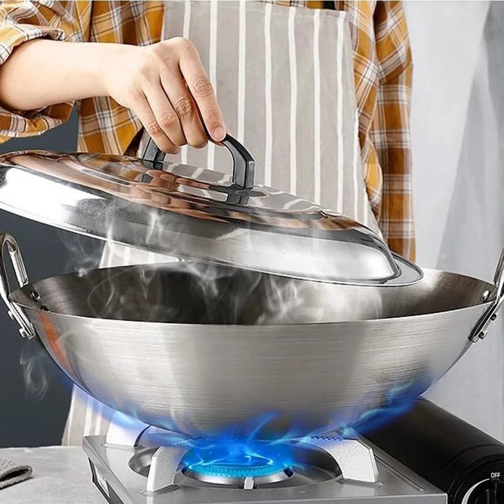 1 Pezzo Wok Binaurale in Acciaio Inossidabile, Resistente al Calore, Ideale per Frittura e Stir-Fry, Pentola da Cucina Domestica Multiuso