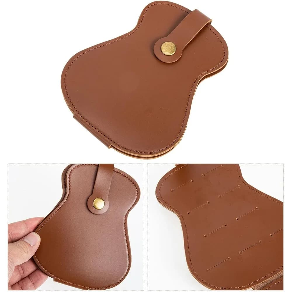 Guitar Pick Holder Pouch, PU Leather Guitar‑Shaped Picks Storage Case, Large Capacity Portable Picks Organizer Bag for Acoustic Electric Guitar, Brown, 1 Pcs