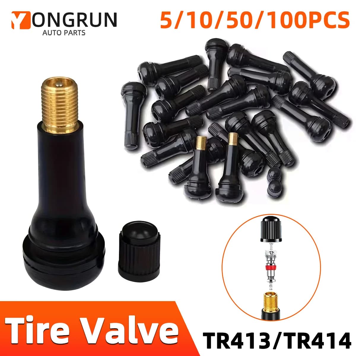 YONGRUN 4/10/50/100 Pezzi Valvole per Pneumatici Auto TR413/TR414, Valvole Tubeless in Gomma Nera per Pneumatici Senza Camera d'Aria