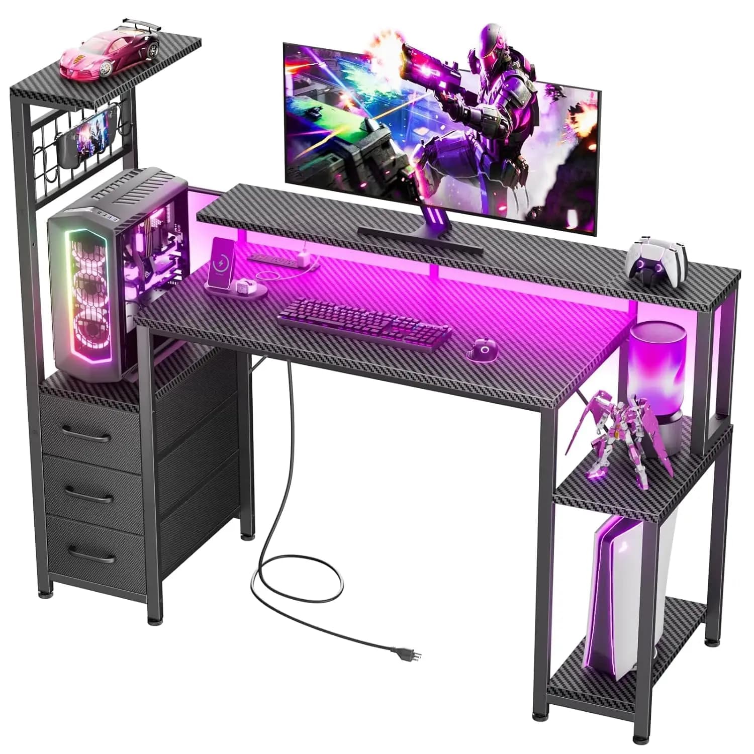 Scrivania da Gaming 48 Pollici con LED, Prese di Corrente, Cassetto, Gancio, Supporto Monitor Reversibile, per Casa e Ufficio, Personalizzabile