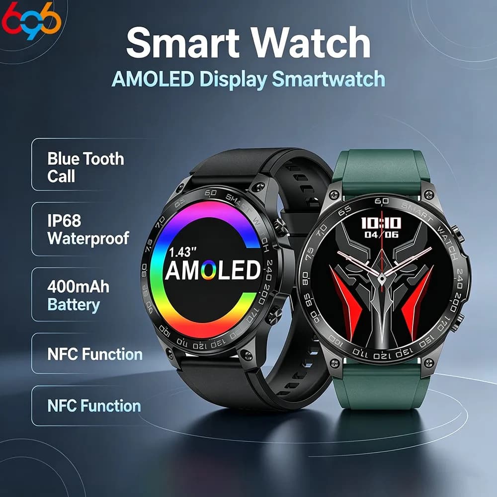 Men NFC AMOLED Smart Watch 400mAh Battery, Blue Tooth Call Waterproof Heart‑Rate Fitness Weather Multi‑sport Wrist‑watch