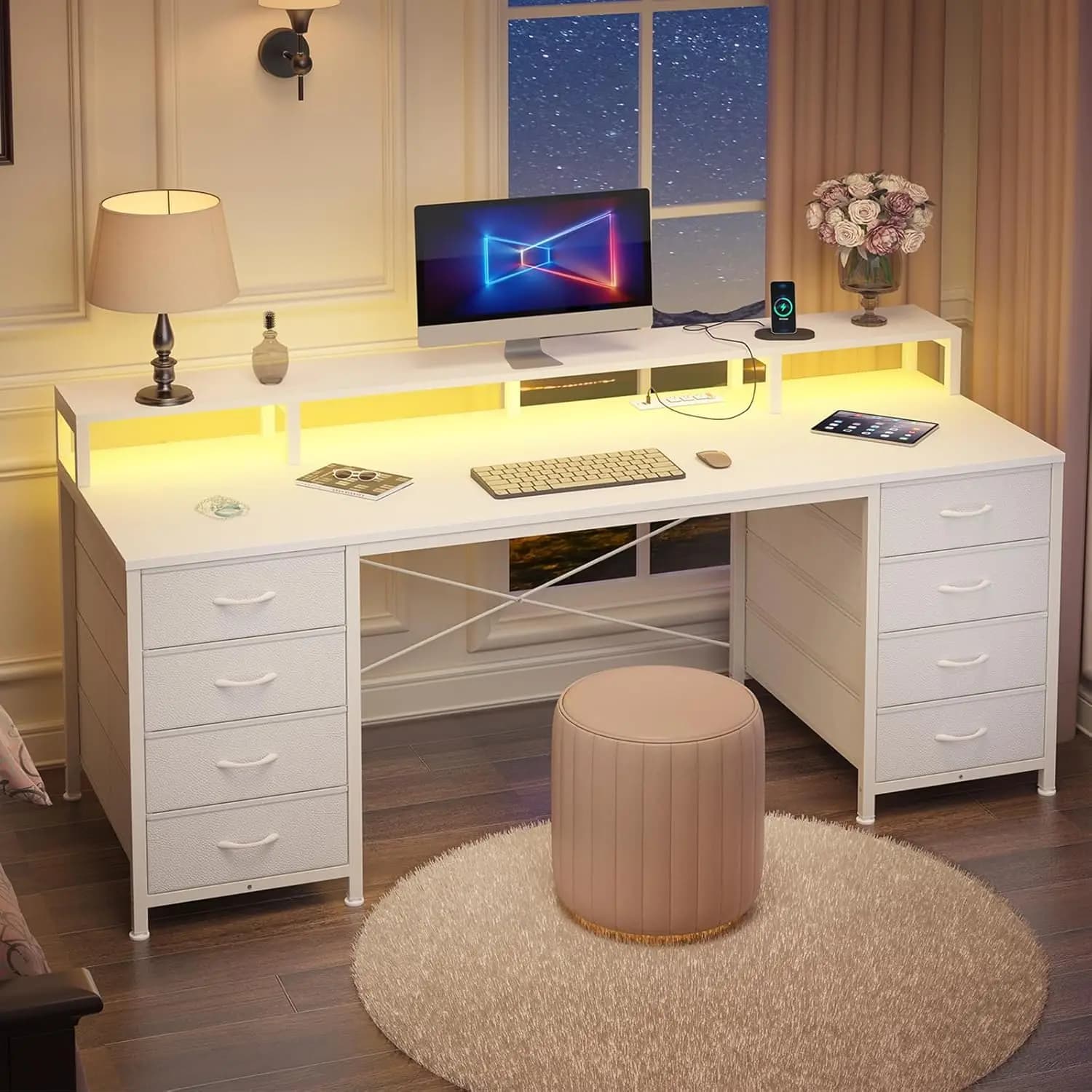 Scrivania per Computer da 60 Pollici con Luce LED, Prese di Corrente, Supporto Monitor, Cassetti in Tessuto, per Ufficio Domestico, Bianca, Personalizzabile