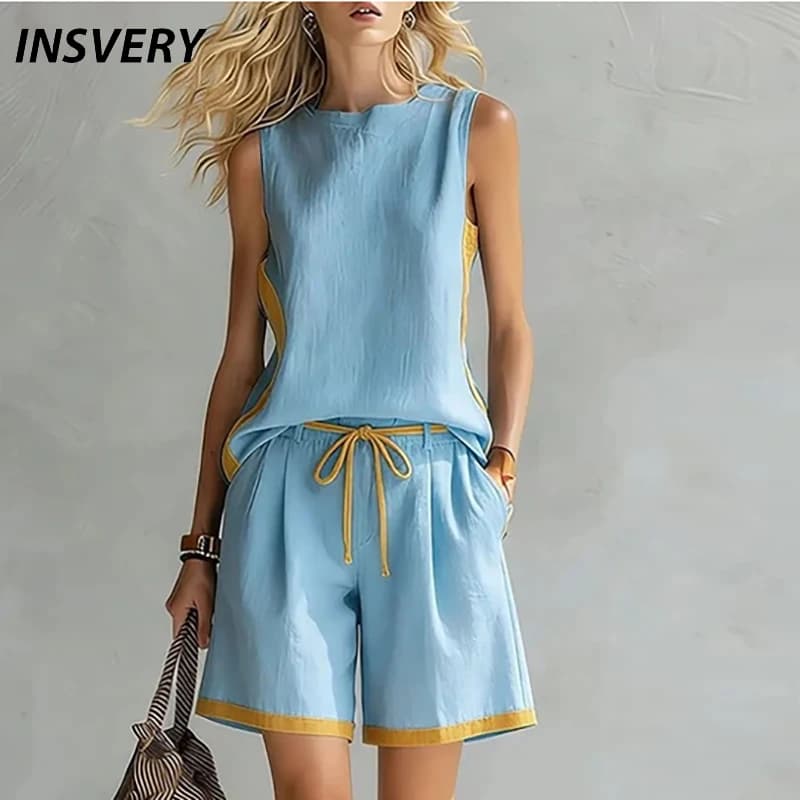 Completo Estivo da Donna: T-Shirt Senza Maniche con Scollo a O e Pantaloncini con Coulisse, Set Casual a Due Pezzi in Tinta Unita o Bicolore