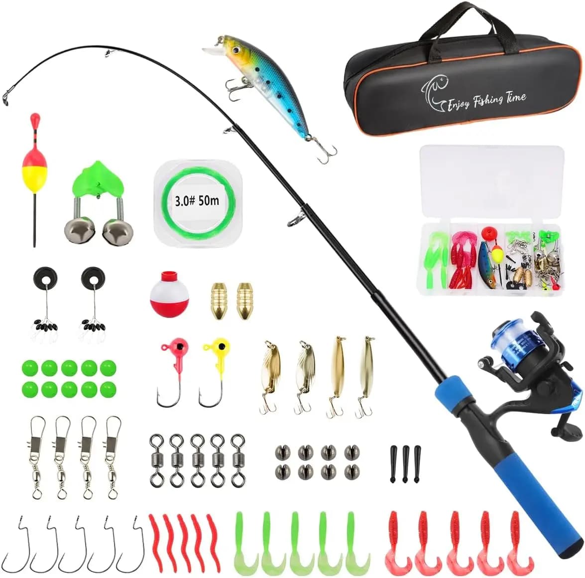 Kit Canna da Pesca per Bambini, Combo Canna Telescopica 59'' e Mulinello con Scatola Attrezzi, Borsa per il Trasporto, per Ragazzi, Ragazze, Bambini e Giovani