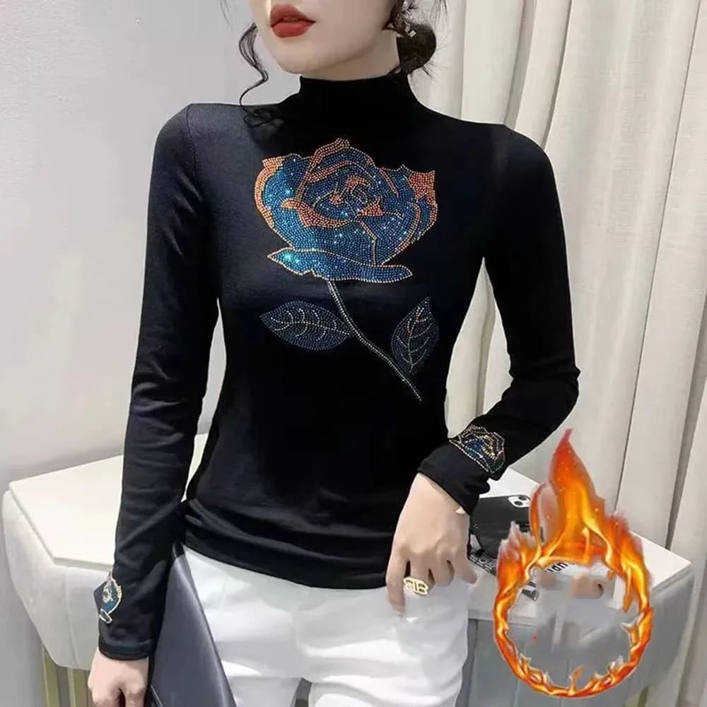 2024 Primavera Hot Diamond T-shirt da donna dolcevita che tocca il fondo Top per le signore Slim maglione camicetta moda autunno femminile Tees Trend