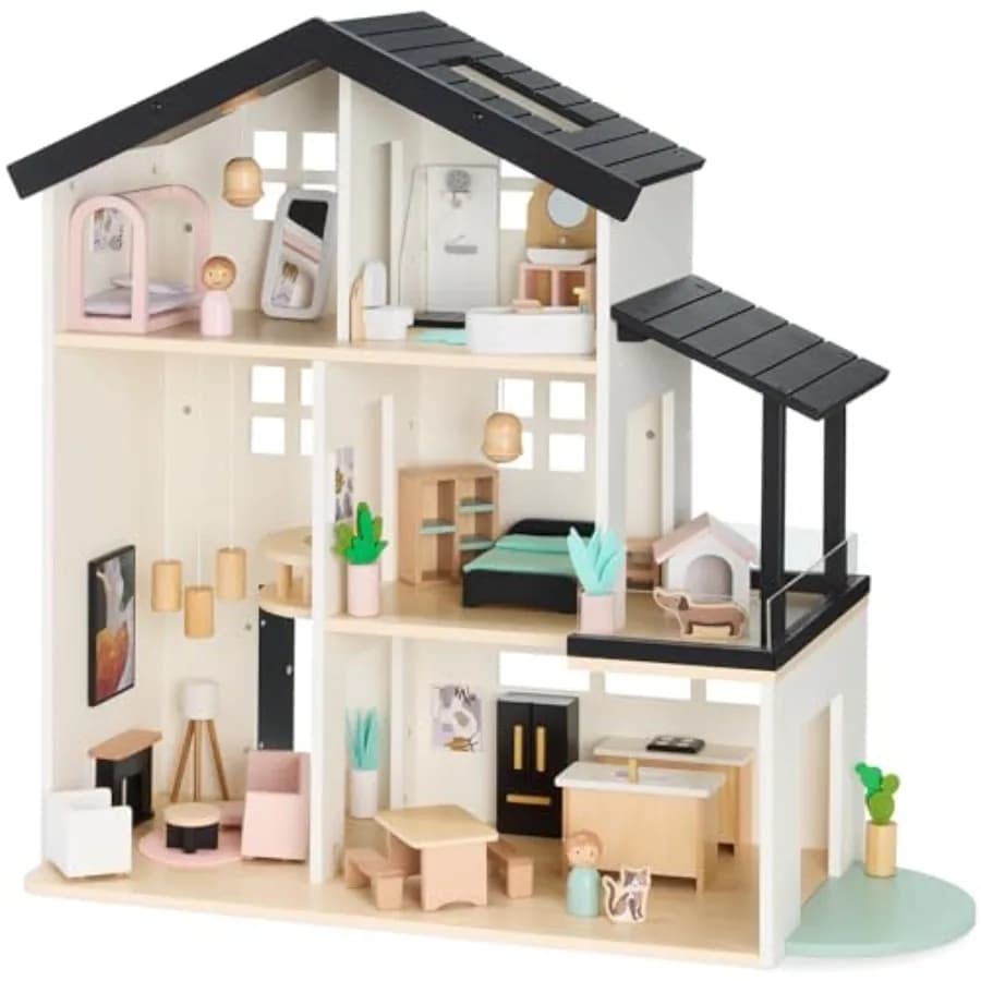 Best Choice Products Casa delle Bambole in Legno con 40 Accessori Interattivi, Set Gioco Moderno a 3 Piani con 6 Bambole