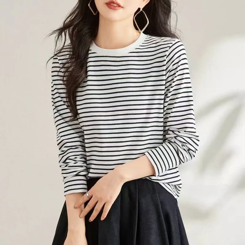 Women Classic Striped Crew Neck Long Sleeve T Shirt Casual Slim Layering Top Vintage Commuter Basic Blouse
