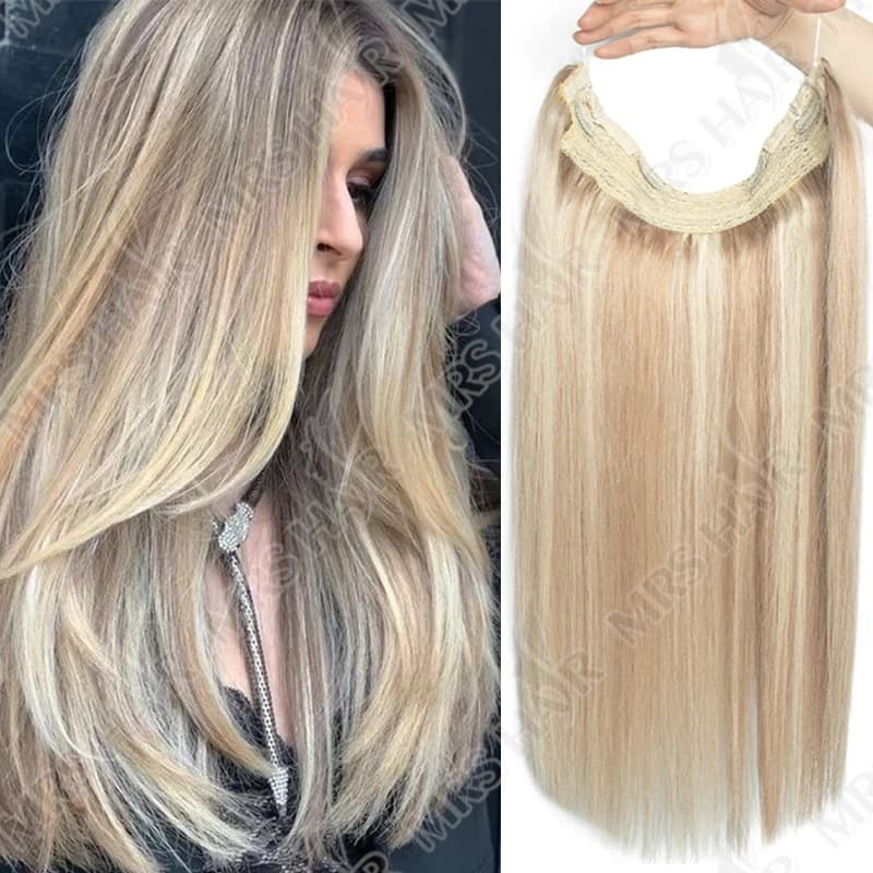 MRSHAIR Clip in Hair Extensions Human Hair One Piece Straight P18-613 Blonde Natural Hair Extensions 12-24inch Fish Line 4 Clips
