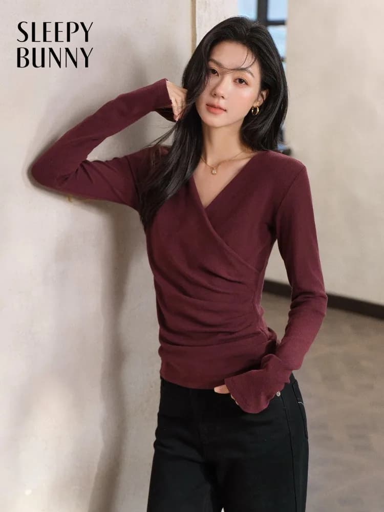 Top da donna elegante in maglia con scollo a V incrociato per camicia da donna a maniche lunghe con volant slim fit Chic casual inizio primavera con strato base quotidiano
