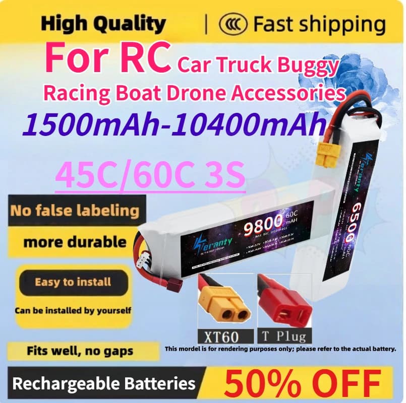 Batteria Lipo 45C/60C 3S 11.1V 1500MAH-10400MAH con Connettore XT60 T per Auto RC, Camion, Buggy, Barche da Corsa, Accessori per Droni