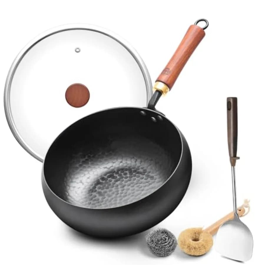 Wok in acciaio al carbonio da 9,5 pollici - [Base rinforzata e spessa] - Padella profonda per stir-fry per induzione, elettrica e gas - Resistente alle deformazioni